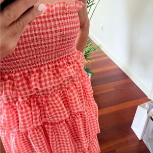 Sandy Liang Coral Gingham Tiered Midi Skirt or dress